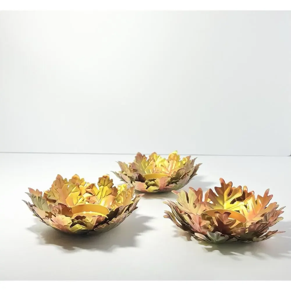 2015 Hobby Lobby 3 Fall Orange Yellow Tin Metal Leaf Votive Candle Holders 5.5”